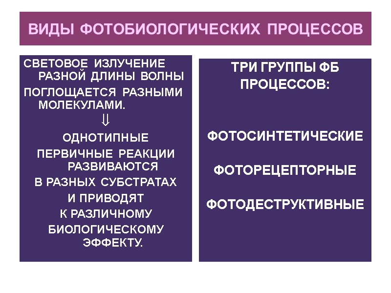 ВИДЫ ФОТОБИОЛОГИЧЕСКИХ ПРОЦЕССОВ СВЕТОВОЕ ИЗЛУЧЕНИЕ РАЗНОЙ ДЛИНЫ ВОЛНЫ ПОГЛОЩАЕТСЯ РАЗНЫМИ МОЛЕКУЛАМИ.   ОДНОТИПНЫЕ